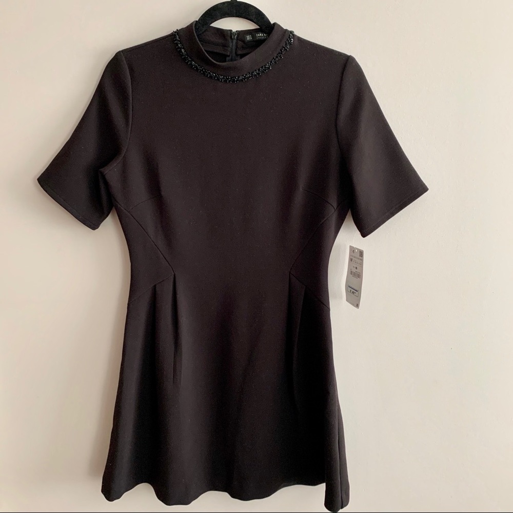 Zara High Neck Black Dress With Beaded Details M